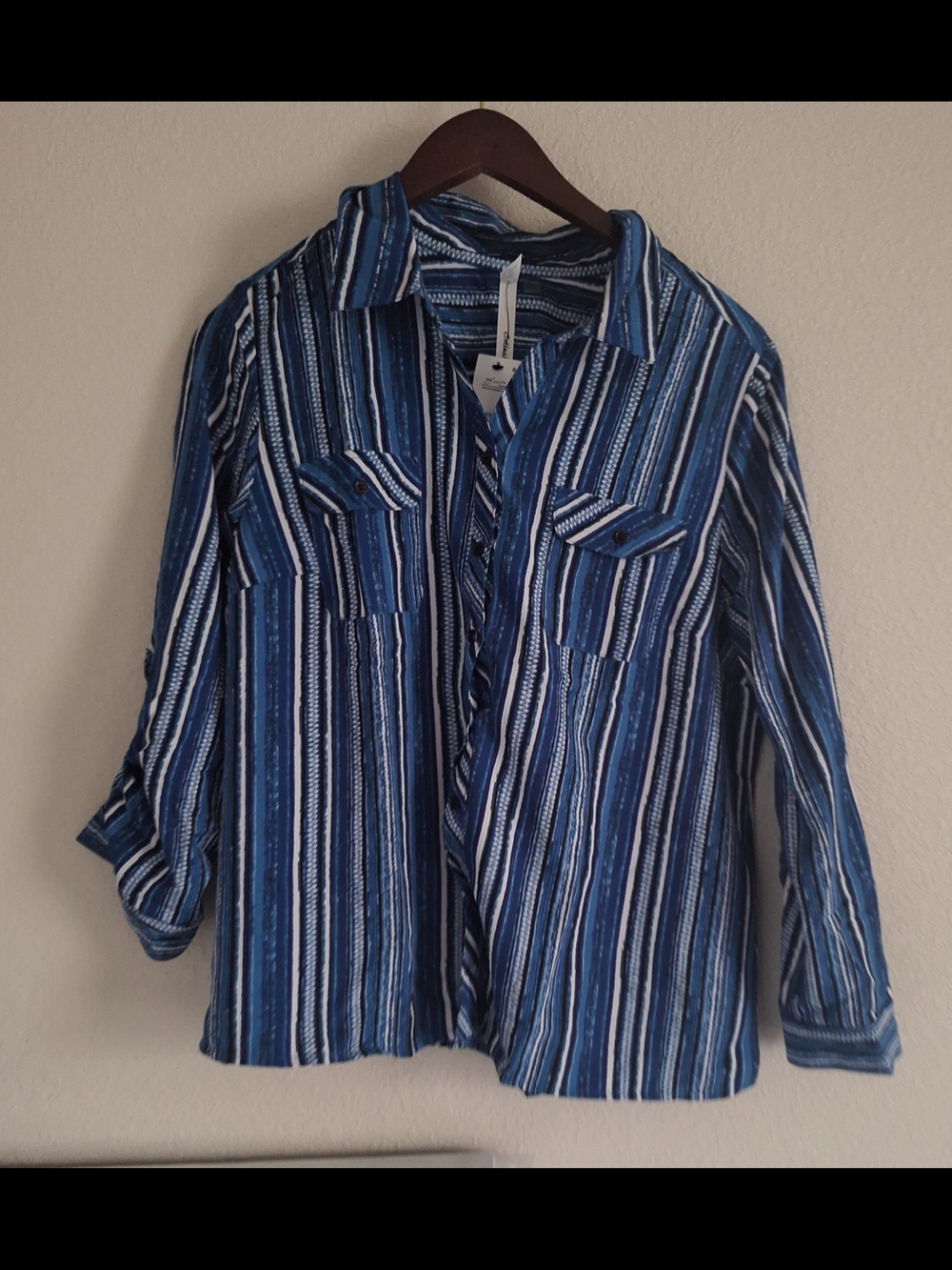 Womens Blue Striped Button-Front Shirt Jacket